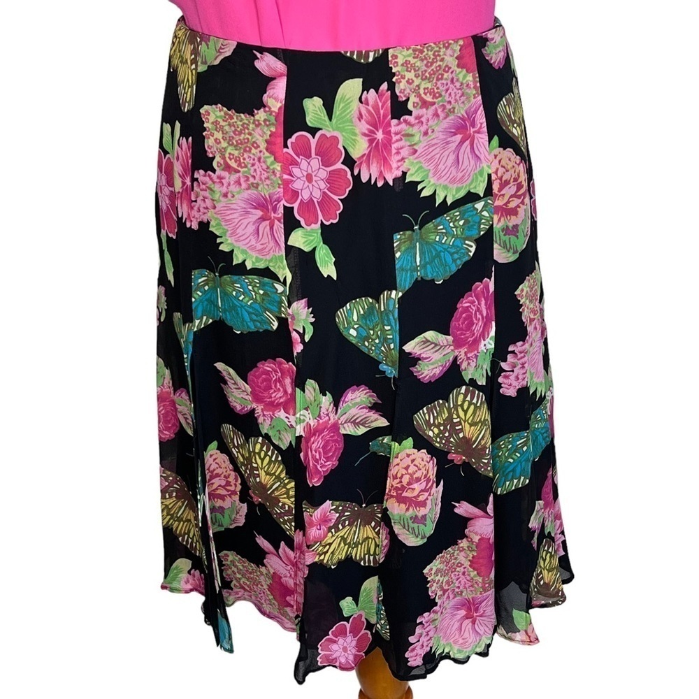 Karen Kane Lifestyle Silk Skirt 14 Floral Butterfly Print Pink Black Car Wash